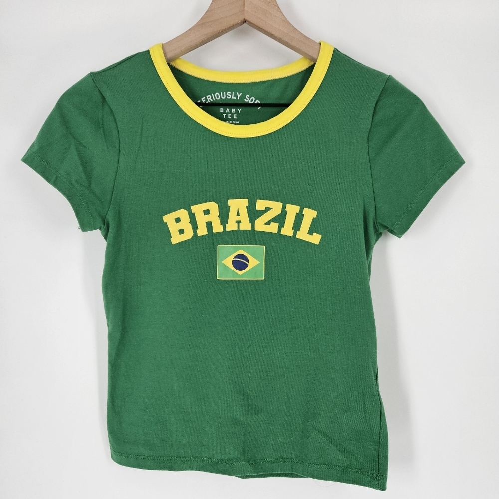 Aeropostale Green Seriously Soft Brazil Graphic Ringer Baby Tee - Picture 2 of 9